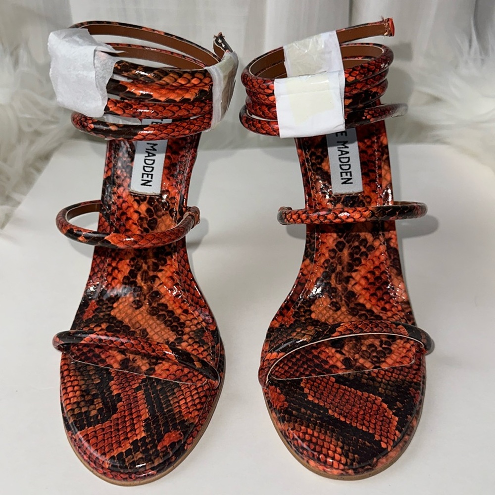 Steve Madden Red-Black Snake Print Strappy Heels